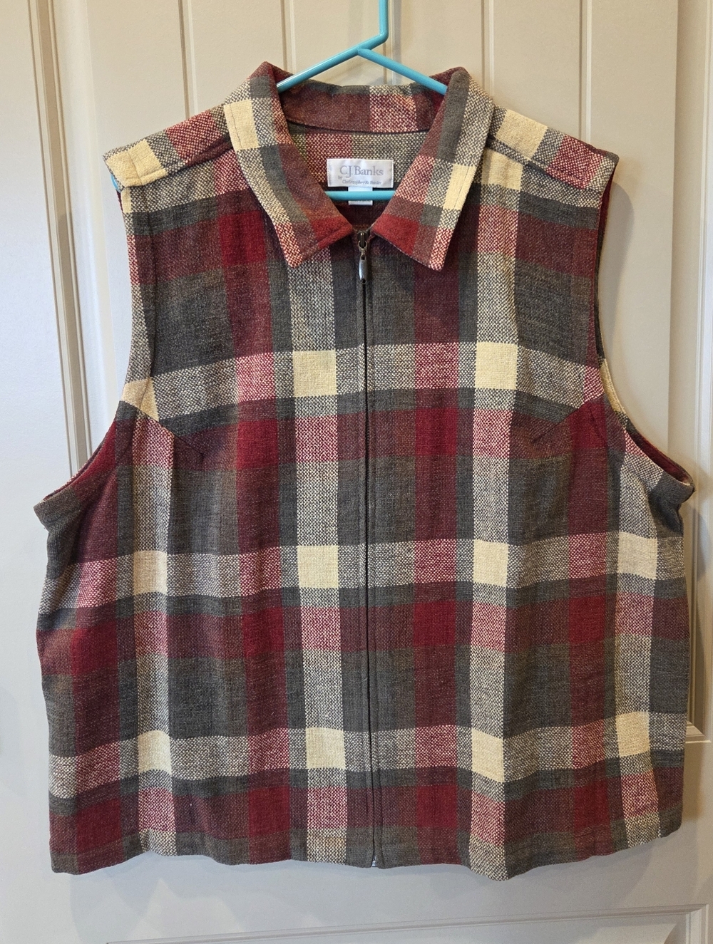 CJ Banks Vintage Y2K Plaid Zip Up Vest 2X Red Gray Cream Acadia Cabin Core